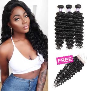 Tramas Ishow Grande Promoção de Vendas Pacotes de Cabelo Humano Extensões Tecer Tramas Comprar 3 PCS Obter Uma Parte Grátis Encerramento Brasileiro Onda Profunda Peruvi