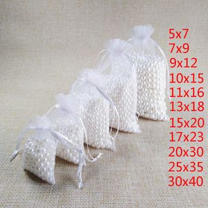 Yüzükler 100 PCS/Lot Beyaz Drawstring Organza Torbaları 7x9 9x12 10x15 13x18 15x20cm Düğün Doğum Günü Partisi Takı Hediye Ambalaj Çantaları Poşetleri