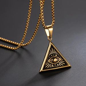 Mısır Mısır Piramit Kolye Kolye 14K Sarı Altın Her Çok Gören Kötü Göz Kolye Geometrik Üçlü Kolyeler Takı