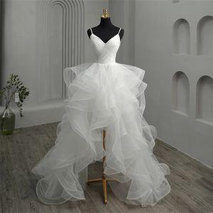 New Short Front Long Back Gothic White Wedding Dress 2024 Spaghetti Straps Deep V Neck High-low Tulle Bridal Formal Party Gowns Vestidos De Novia