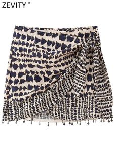Zevity Women Vintage Geometric Print Knotted Mini Sarong Skirt Faldas Mujer Female Beading Tassel Casual Zipper Vestidos QUN4078 240102