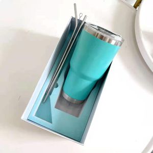 Desinger Tumbler Mavi Renk Tasarım Harfleri Orijinal Hediye Kutusu 300ml İki Paslanmaz Çelik Saman Fırçaları Çift saplı Kupa Vakum Kupası