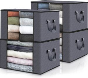4 штабелируемые сумки для хранения одежды, используемые для организации шкафов в спальне дома, с чехлами, серый, черный 240102
