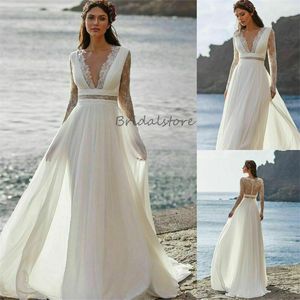 Boho Beach Gelinlik Peri 2024 Seksi V Boyun Uzun Kollu Dantel Gelin Elbise Sivil Bohem Ülke Gelin Elbise Zarif Gatsby Sivil Bahçe Vestios De Novias Mariage