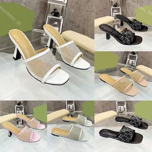 Designer-Kleiderschuhe zum Schnüren, flach geschnittene Schuhe, Slingback-Sandalen, mittelhoher Absatz, schwarze Mesh-Kristalle, bedruckte Schuhe, flache Gummi-Mules, Sommer-Slipper mit Knöchelriemen