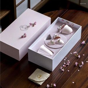Наборы чайной посуды Розовый замешанный вручную цветок Гайвань Чайный набор Керамический чайник Чайные чашки с подносом Горшок с китайской розой Подарочная коробка