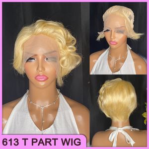 Оптовая цена Малазийский перуанский индийский 613 Блондин 100% необработанные человеческие волосы Реми Пикси с вьющимися волосами Т-образный короткий парик