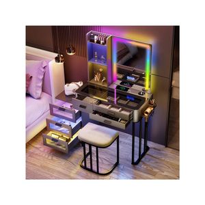 Мебель для спальни Kasibie Комод со светодиодной подсветкой RGB Великолепная стеклянная столешница и держатель для фена Беспроводная зарядка через USB имеет 6 открытых дверей St Dhmw9