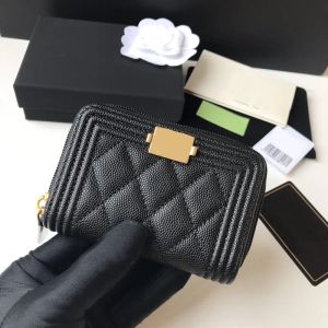 Le Boy lüks siyah gerçek deri moda kadın çantası cüzdan klasik tasarımcı çanta vintage altın metal kart sahibi kadınlar havyar kuzu derisi siyah fermuar çanta prpu