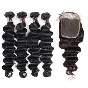 Wefts bom 8a cabelo brasileiro profundo solto extensões de cabelo 4 pacotes com fechamento de renda 4x4 solto profundo cabelo humano tecer extensões atacado