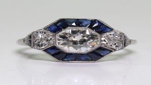 Antik Takı 925 STERLING Gümüş Elmas Safir Gelin Düğün Nişan Art Deco Ring Boyutu 5121783004