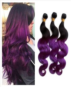 Virgem Malásia Cabelo Humano 1B Roxo Dois Tons de Cabelo Pacotes Onda Corporal Ondulado Raízes Escuras Roxo Ombre Extensões de Cabelo Malaio 9933591