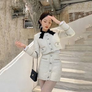 Arbeitskleider Koreanische elegante süße 2 Stück Anzug Frauen kurze O-Ausschnitt Bogen Mantel hohe Taille Minirock Anzüge Mode Jacke zwei Set