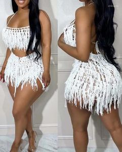 Mulheres Tracksuits Sexy Womens Two Piece Sets Outfit Spaghetti Strap Crochet Top Tassel Design Shorts Set Moda 2024 Verão