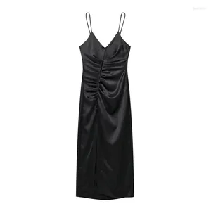 Sıradan Elbiseler 2024 Yaz Seksi Kız V Gezek Açık bel zayıflama pilili siyah askıya alıntı elbise iç çamaşırı stili uzun etek