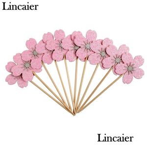 Cupcake lincaier 10pcs pembe kiraz çiçekleri toppers kız doğum günü partisi dekorasyonlar çocuklar sakura kek malzemeleri aksesuarlar çiçek dro dhhhn1