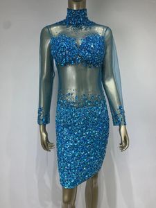 Sıradan elbiseler kadın moda elastik uzun kollu elbise su elmas örgü perspektif seksi doğum günü parti bar sahne performans kostüm