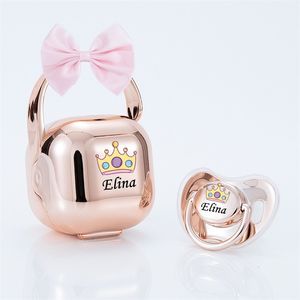 MIYOCAR personalized bow Metallic rose gold bling pacifier and pacifier box set BPA free dummy Luxury baby shower gift 240102