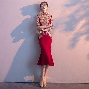 Trend çin Cheongsam gelinlik 3/4 kollu kadın Çin geleneksel gelin elbisesi bayan qipao parti elbisesi