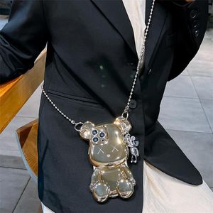 Чехол для мобильного телефона с ремешками, 3D гальванический чехол для телефона с милым медведем для IPhone 11, 12, 13, 14, 15 Pro Max, противоударный защитный силиконовый чехол
