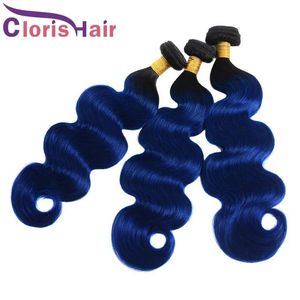 Tramas Coloridas Azul Ombre Onda Do Corpo Feixes de Cabelo Humano Brasileiro Virgem Tece Raízes Escuras 1B Azul Ondulado Ombre Extensões de Cabelo Humano 3