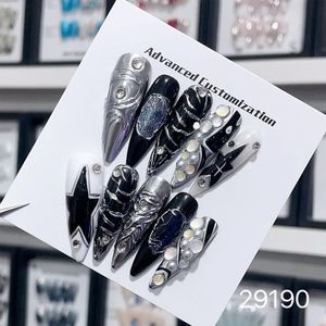 Длинный миндалевидный пресс для ногтей y2k Sweet Cool INS Style Ручной пресс для ногтей Light Luxury Star Diamond Wet Full Cover Fake Nails 240104