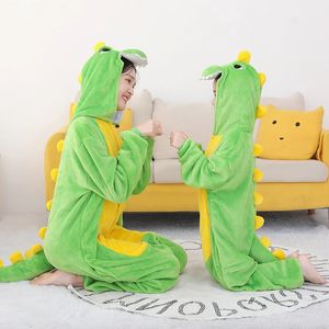 Kigurumi Anime Bodysuit 4 ila 12 yıl arasında yeşil dinozor kostümü sevimli çizgi film onesie erkek kızlar kış pijamaları 240103