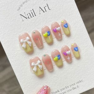 Ручная работа Kawaii Press on Nails Короткие милые японские ногти с дизайном в виде сердца Акриловые искусственные накладные ногти с полным покрытием Типсы для девочек 240104