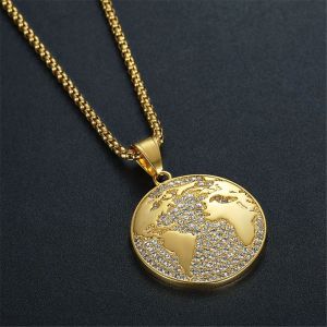 Hiphop Buzlu Bling Globe Dünya Haritası Kolye Erkek Altın Renk 14K Sarı Altın Kübik Zirkonya Yuvarlak Kolye Erkek Mücevher Hediyesi