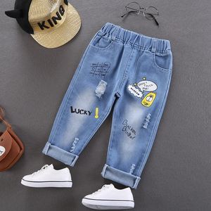 Spring Boys Girls Hole Denim Pants Children Clothes Cartoon Print Kids Jeans For Baby Cotton Casual Trousers 27 Years 240103