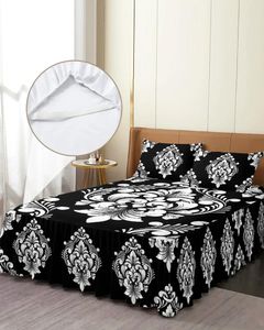 Yatak etek klasik lüks vintage damask siyah beyaz donatılmış yatak örtüsü Yastık