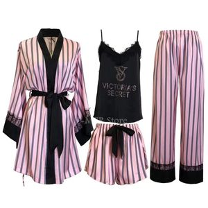 Ceketler Dantel Stripe Pamas Takımlı Rhinestone Kadın Saten Kimono Robe Elbise Seti Yaz Vneck Banyıl Batrobeslingshortspants Loungewear