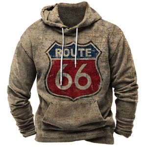 Erkek Hoodies Sweatshirts Sonbahar Vintage Hoodie Büyük Boyu Giyim Rotası 66 Bisiklet Ceket Sokak Moda Sweatshirt Erkekler için Uzun Kollu 230707