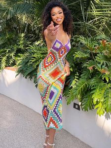 Sifreyr El Yapımı Tığ Örgütlü Maksi Elbise Kadın Yaz Yuları Arka Plaj Giyim Sundress Bohem Çok Renkli Gelinlik 240104