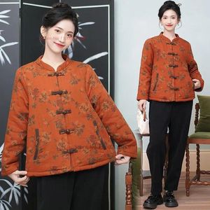 Этническая одежда 2024, китайское винтажное пальто ханьфу с воротником-стойкой, утепленная куртка с традиционным цветочным принтом в стиле ретро, на хлопковой подкладке