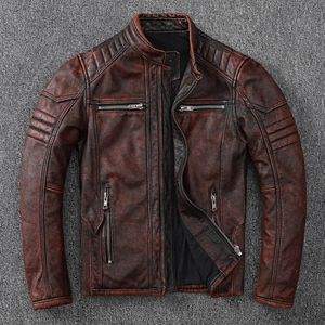 Vintage Motosiklet Ceket Erkekler Deri Ceket% 100 Orijinal Cowhide Deri Ceket Erkek Bikter Giyim Sonbahar Asya Boyutu S-4XL M696 240104