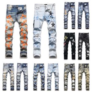 Erkek tasarımcısı amirs jeans erkekler skinny jean hip hop moda yırtılmış nakış düz bacak pantolon sokak giyim ince fit denim pantolon pantolonlar mektup yıldız kot pantolon için