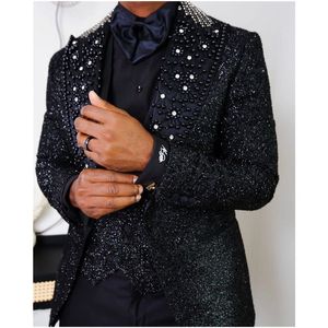 Sparkly Sequined Men Wedding Tuxedos 3 Pieces Pearls Beading Peaked Lapel Outfits Groom Pants Sets Groom Wear