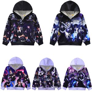 Casaco de baixo 2023 Adams Family Black Wednesday Digital Print Meninas Zipper Com Capuz Cardigan Drop Delivery Otcwp