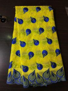 Tecido 5 jardas/pc encantador amarelo e azul suíço voile malha renda bordada tecido de renda de algodão africano com pedra para vestido bc591