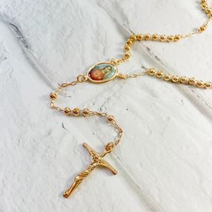 Kolye kolyeler y şekil boncuklar bağlantı zinciri altın renkli bakire Mary Cross Tespih Uzun Kolye Kadın Kız Mücevher 60cm Spirit Dua Satış
