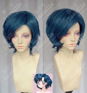 Peruklar Kısa Koyu Mavi Sailor Mercury Sailor Moon Cosplay Party Peruk Saç