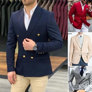 Ceketler (bir blazer) Erkekler için lacivert blazerler resmi iş düğün takım elbise ceketler gündelik ince çift göğüslü altın düğmeler erkek ceket