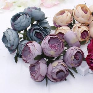 Dekoratif çiçekler çok 6pcs yapay güller çiçek kafaları vintage çay tomurcuk buket diy düğün gelin çelenk korsaj evlilik sahte