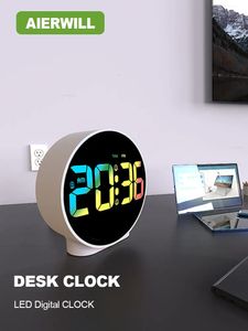 Aierwill N16 Yuvarlak Çalar Saat Scoze Takvimi ile 1224H Hafta Dijital LED Tablolar Yatak Odaları için Saat Başucu Masa Rafı 240106