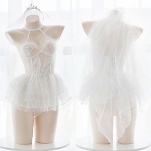 Japon Melek Bale Kız Dantel See-Through Seet Giyim Set Seksi Lolita Cosal Düğün Kısa Elbise Seti Örgü Beyaz İçki Seti 240106
