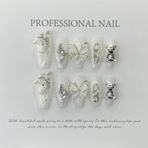 10Pcs Set White Butterfly Handmade Press On Nails Long Ballet Decoration Pearl False Nails Wearable Manicure Fake Nails Tips Art 240105