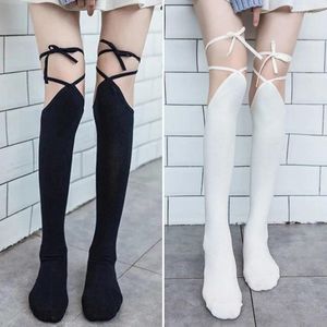 Kadınlar çoraplar seksi uyluk yüksek japaness çapraz bağcıklı jk lolita uzun tays siyah beyaz külotlu çorap bandaj cosplay pamuk ince çorap