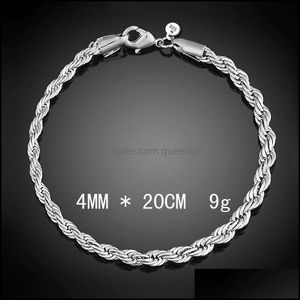 Bağlantı zinciri lüks m 4mm 925 sterling sier bilezikler 8 inç kadınlar bükülmüş ip bilek bandı sargısı erkekler için moda mücevher damlası dotm0x