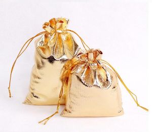 100 шт. позолоченные марлевые атласные сумки на шнурке, 4 размера, пакеты для упаковки свадебных украшений, красивые подарочные пакеты FACTORY7079619